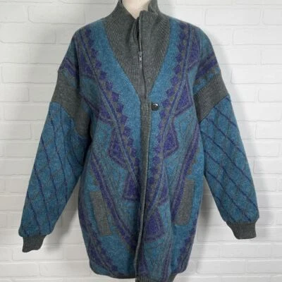 Cárdigan Mulberry Street Mujer M Azul Gris Geométrico Diamante Cremallera Forrado Abrigo Foto 1 de 4