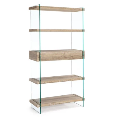 LIBRERIA 4 PIANI KENYA 90X39X180 STUDIO DESIGN SOGGIORNO VETRO E LEGNO CHIARO - Immagine 1 di 4