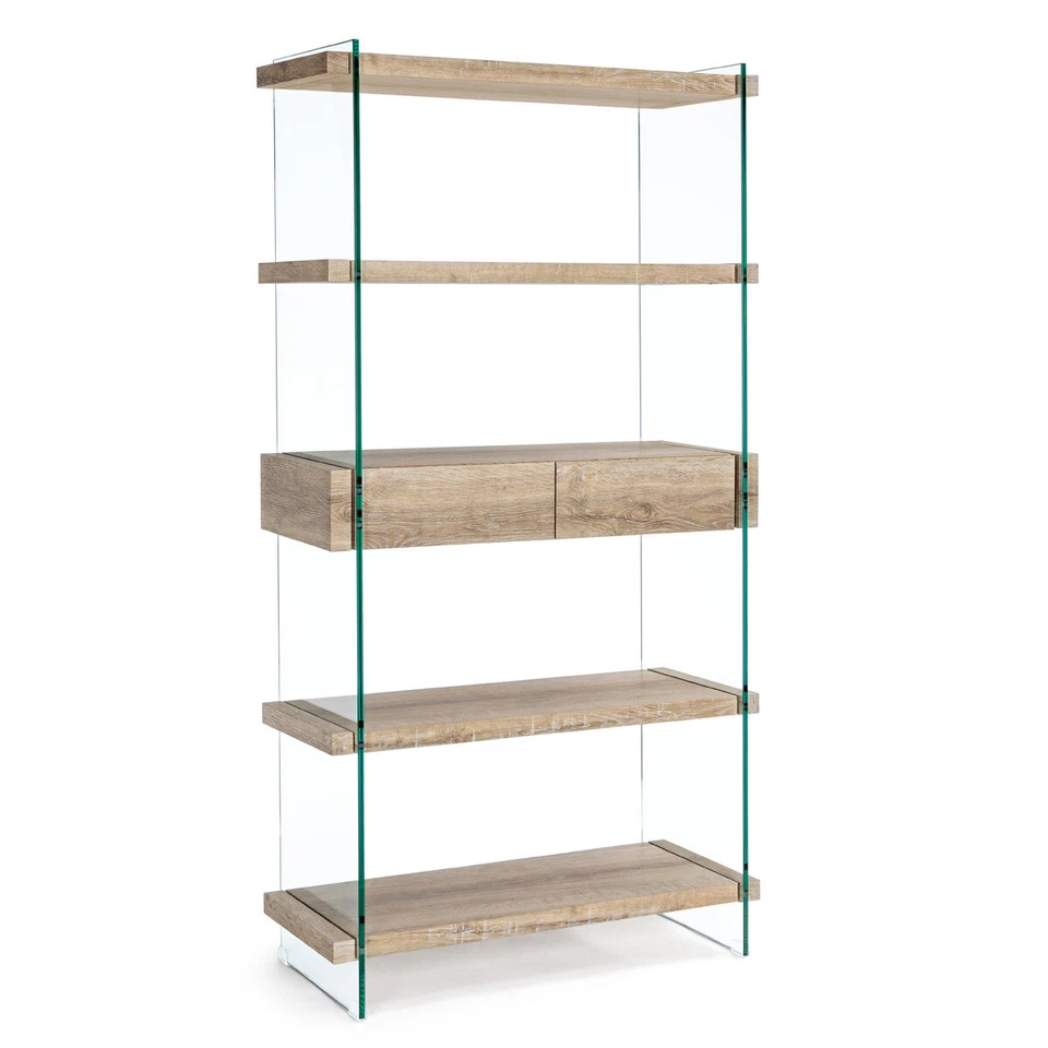 LIBRERIA 4 PIANI KENYA 90X39X180 STUDIO DESIGN SOGGIORNO VETRO E LEGNO CHIARO - Immagine 1 di 4