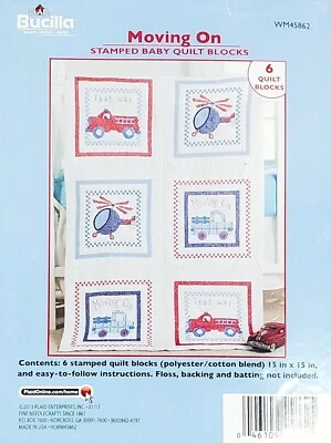 Bucilla "Moving On" 6 Stamped BABY QUILT BLOCKS Cross Stitch Embroidery WM45862 - Image 1 of 4