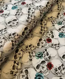 Skulls & Roses Fabric Per Meter 100% Cotton Halloween Gothic Vintage - Picture 1 of 3