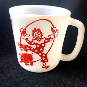 Circus Clowns Donkey Hazel Atlas Cup White Red Milk Glass Mug Vintage Tableware - Picture 1 of 8