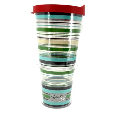 Vaso de Viaje Tervis Fiesta Azul Verde Marrón Rayas 24 OZ Tapa Marrón Aqua Usado en Excelente Condición Foto 1 de 4