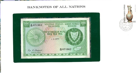Banknotes of All Nations Cyprus 500 Mils 1979 P 42c UNC Birthday M/49 071962 Cover