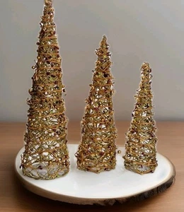 3er Set Tischplatte Weihnachtsbaum in Drahtkegelform glitzernd gold, Perlen Weinrebe - Bild 1 von 10