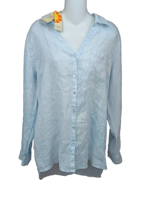 NWT-C&C California Blue Print Long Linen Top Shirt High Low Long Tab Sleeves- L - Image 1 of 4