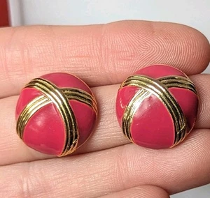 Vintage Dark PINK Tone X Pierced ¾" Round Buttons EARRINGS High End Quality - Picture 1 of 11