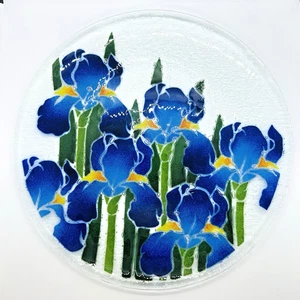 Peggy Karr Kunstglas blaue Iris verschmolzene Platte signiert 14" Botanischer Garten Dekor USA - Bild 1 von 5