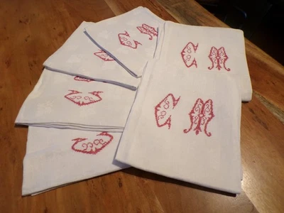 Linge ancien Lot de 6  serviettes  lin damassé monogramme CM rouge (ref 46 ) - Photo 1/4