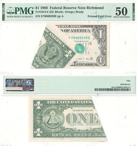 1988 $1 Richmond District FRN Printed Fold Error PMG AU-50 - Picture 1 of 1
