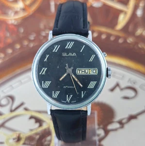 Vintage WATCH USSR SLAVA 2428 SOVIET Men`s Wristwatch 26 Jewels Black Dial - Picture 1 of 21