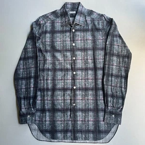 Kiton Dress Shirt Mens Large 16 41 Regular Fit Button Up Italy Plaid Cotton Navy - Picture 1 of 9
