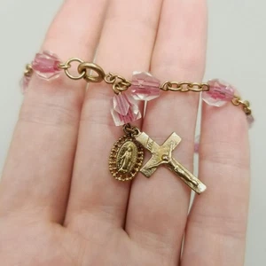 Vintage Pocket Rosary Pink Glass Beads Gold Tone Crucifix - Picture 1 of 9