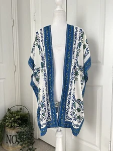 Cárdigan Kimono Max Studio Mujer Floral Frente Abierto Blanco Azul Verde Talla S Nuevo con Etiquetas - Imagen 1 de 10