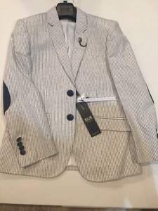 Boys Elie Balleh Navy Striped Blazer With Blue Elbow Patch, Size 8,10 - Picture 1 of 5