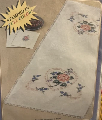 Rare Vtg NEW Bucilla stamp. ROSE HEART Cross Stitch Dresser Scarf/no Lace Trim - Image 1 of 3