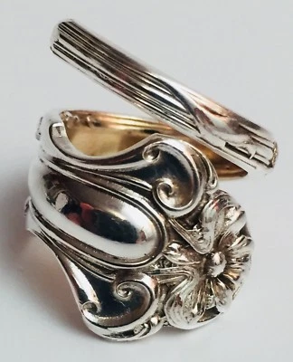 Anillo cuchara flor flor flor plata esterlina hecho a mano vintage de 1800 tamaño: 7 Foto 1 de 4