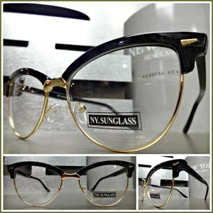 CLASSIC VINTAGE RETRO CAT EYE Style Clear Lens EYE GLASSES Black & Gold Frame - Picture 1 of 8