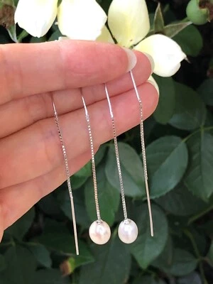 925 Sterling Silver Freshwater Pearl Threader Earrings 8mm 74mm/2.91" - Image 1 of 4