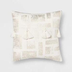 Metallic Stripe Tassel Square Throw Pillow Cream/Gold Sealed NIP - Picture 1 of 2