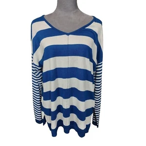 Womens Sweater Striped Contrasting Sleeve Blue White Tunic Stretch Large 12-14 - Picture 1 of 6