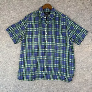Nat Nast 100% Linen Button Shirt Mens Large American Fit Plaid Blue Green Luxury - Picture 1 of 12