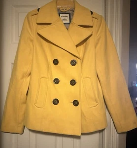 Abrigo Mujer Antiguo Azul Marino Amarillo Guisante M Mediano Doble Pecho Mezcla Lana Dorado - Imagen 1 de 6