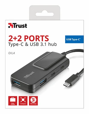 TRUST OILA 21321, 2 PORT USB 3.1 + 2 PORT USB-C HUB, USB 2.0 & 3.0 COMPATIBLE - Image 1 of 4