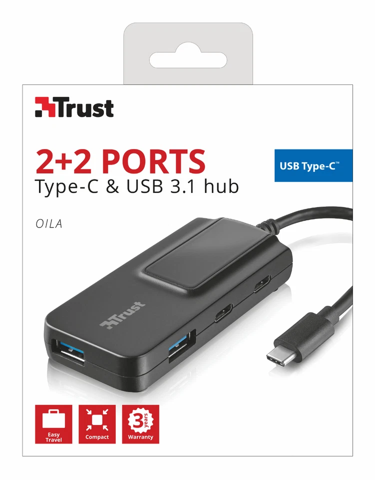TRUST OILA 21321, 2 PORT USB 3.1 + 2 PORT USB-C HUB, USB 2.0 & 3.0 COMPATIBLE - Image 1 of 4