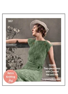 1930's Stylish Two Piece Knitted Dress and Crochet Hat Pattern - Picture 1 of 2