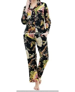 Conjunto De Pijama De Algodón Negro Con Estampado Floral Indio Para Mujeres - Imagen 1 de 7