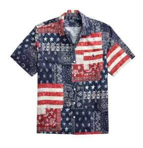 Men's Polo Ralph Lauren Classic Fit Patchwork US Flag Bandana Camp Shirt New - Picture 1 of 5