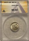 1915 Silver Barber Dime Graded Anacs Ms63 Brite White