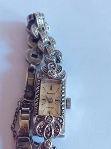 Orologio Art Deco Argento Sterling e Marcasite Accurist Donna Funzionante - Catena Sicurezza - Foto 1 di 16
