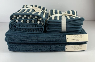 Juego de toallas de baño Rachel Zoe liso y a rayas verde azulado y crema juego de 8 NUEVO Foto 1 de 4
