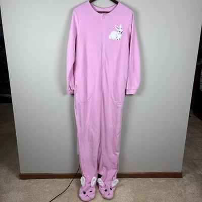 Nick & Nora Pajamas One Piece Womens XL Pink Bunny Rabbit Easter Footie Fleece - Image 1 of 4
