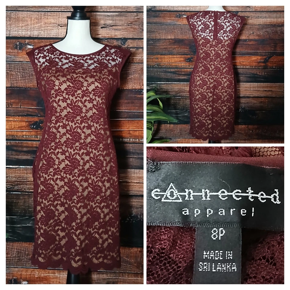 Vestido Connected Apparel Talla 8 Funda Pequeña Vino Desnudo Encaje Superposición Elastizada Cremallera Foto 1 de 4