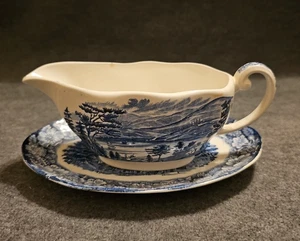 Vintage Liberty Blue Staffordshire Kolonialszenen Sauciere mit Unterteller - Bild 1 von 7