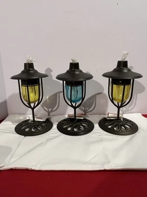Set/3 Outdoor Oil Lanterns 8” Tall One Blue Glass, Two Yellow Glass New - Image 1 of 4