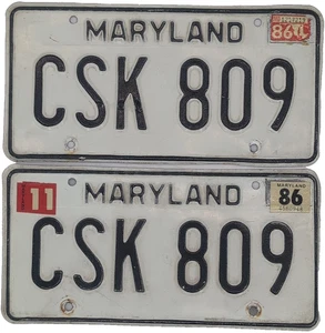 Maryland 1986 Nummernschild Set CSK809 Garage Man Cave Vintage Wanddeko Vintage - Bild 1 von 9