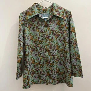 Vintage 1960s Orange Purple Green S/M Button Blouse Shirt Floral Groovy Homemade - Picture 1 of 8