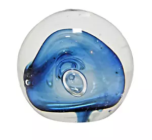 Jim Karg Orb Briefbeschwerer Kunst Glas signiert kontrollierte Bläschen klar & blau 2,75" - Bild 1 von 9