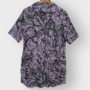 Lauren Ralph Lauren Pajama Top Women Size L Purple Paisley Short Sleeve Pockets - Picture 1 of 13