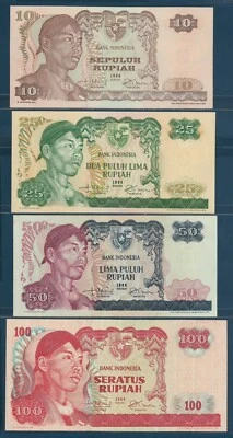 Indonesia 10 25 50 100 Rupiah 4 Pcs Lot, 1968, P 105 106 107 108, XF / UNC - Image 1 of 2