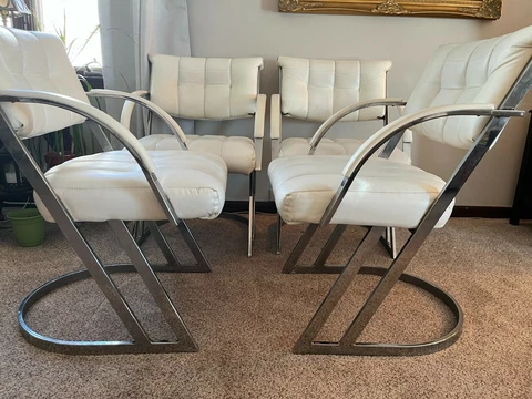 (4) Chrome Z-Frame White Milo Baughman Dining Chairs - Thayer Coggin Cantilever Cover