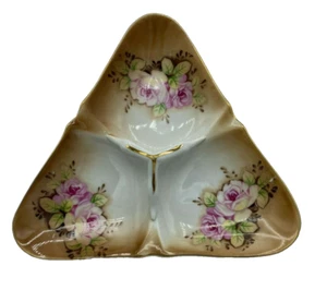 Ucagco Pink Rose Floral 3 Compartment Handled Nappy Candy Nut Dish Gold Trimmed - Picture 1 of 10