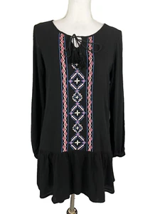 Flying Tomato Blouse Tunic sz Small Black Coral Lagenlook Embroidery Ruffle Boho - Picture 1 of 9