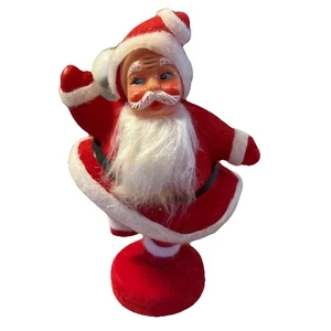 Vintage beflockte tanzende Weihnachtsmann Figur glücklich lächelnd Kunststoff Gesicht Filz 7 Zoll - Bild 1 von 7