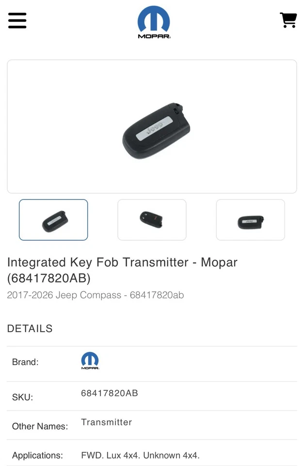 NEW Genuine Mopar 68417820AB Key Fob Transmitter Jeep - Image 1 of 3
