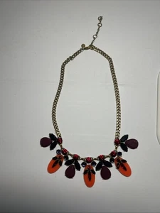 J. Crew Orange Plum Navy Red Jeweled Statement Necklace 18” w/ 3” Extender - Picture 1 of 8